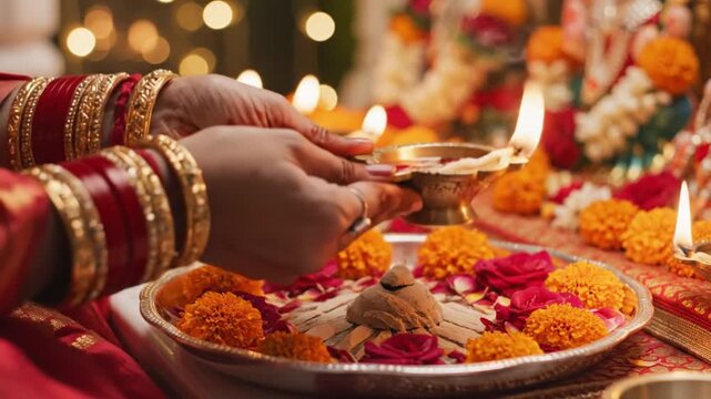 Mahesh Navami, Close-up of a person's hands in traditional Indian attire performing Aarti with a brass lamp