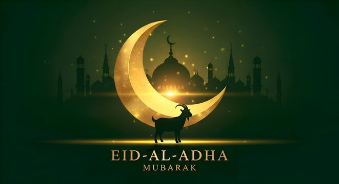 Elegant Blessed Eid greeting card featuring gold Foil goat silhouette and crescent moon on emerald green background. Islamic Bakra Eid al-Adha luxury vector