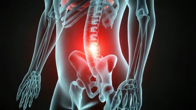 Lumbar spine x-ray with glowing red vertebrae indicating lower back pain