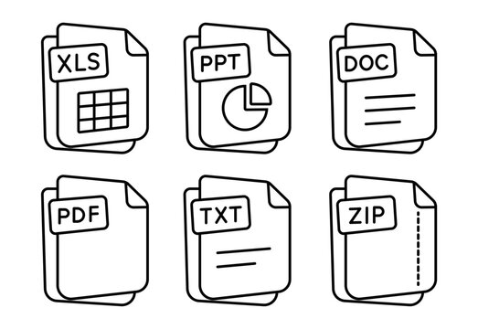 File Format Icons Set &ndash; Document Types XLS PPT DOC PDF TXT ZIP Line Vector