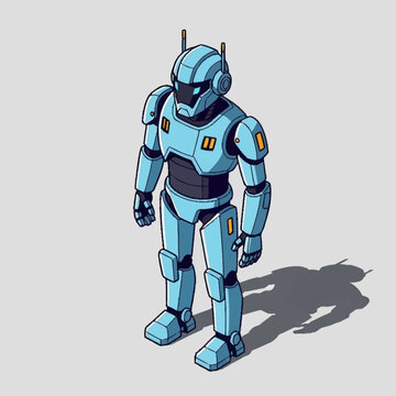 a blue robot standing on a gray background.