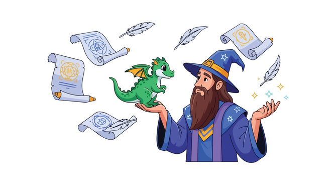 A whimsical wizard and his magical dragon companion in a vibrant fantasy theme flat 2D illustration, showcasing ancient scrolls and mystical feathers for enchanting tales and adventures
