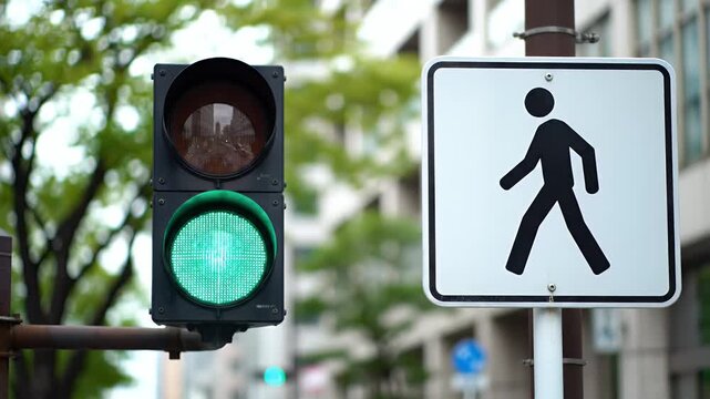 Green traffic light and pedestrian crossing sign in a city street