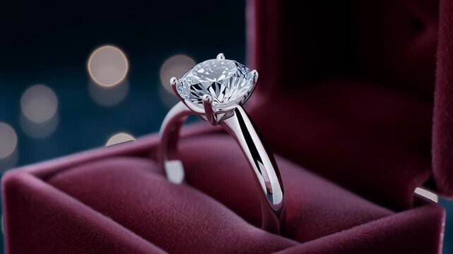 Elegant diamond engagement ring in velvet box with soft bokeh lights creating luxury jewelry and romantic proposal concept