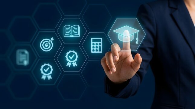 Digital certification and online learning powered by ai education technology, professional accessing secure elearning platform for accredited course assessment and verified credential development