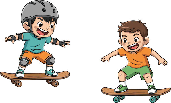 Cute kids skateboarding illustration set featuring playful boys with helmets performing tricks and riding skateboards in colorful cartoon vector style