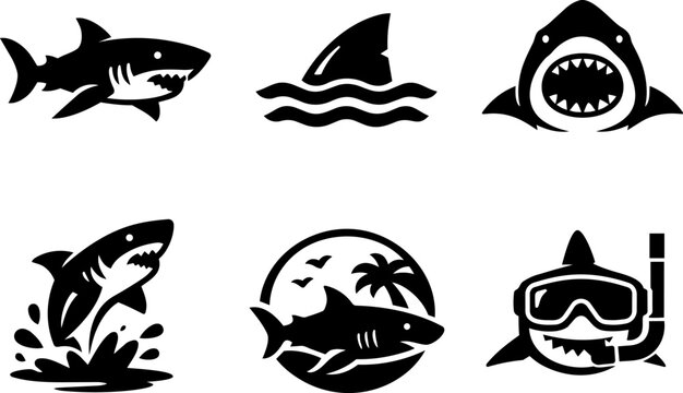 Line icon shark danger ocean predator marine set
