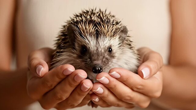 A small hedgehog is held gently in a person's cupped hands