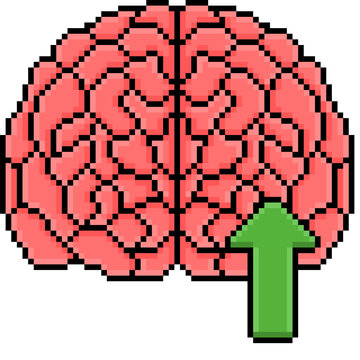 Human Brain with Green Up Arrow Pixel Art Icon