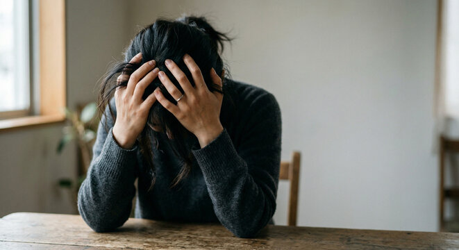 Stressed woman sitting at table holding head overwhelmed anxiety depression mental health burnout emotional struggle home interior lifestyle