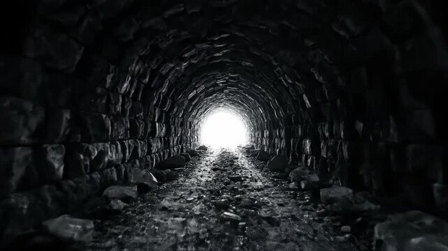 Ancient vaulted stone tunnel constructed from rough blocks in monochrome, featuring a rocky uneven floor and a bright light glowing at the far end of the arched corridor.