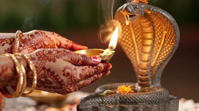 Manasa Devi Puja, Hands with intricate henna patterns holding a glowing brass diya lamp towards a stone snake carving, soft focus on the flickering flame and warm golden embers
