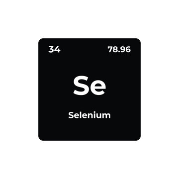 Selenium element tile with symbol Se, atomic number 34, and atomic mass on a dark periodic table square, representing chemistry, science, chemical element, atomic data, and education.