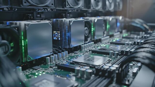 Close-up of a powerful cryptocurrency mining rig with multiple GPUs and cooling fans.