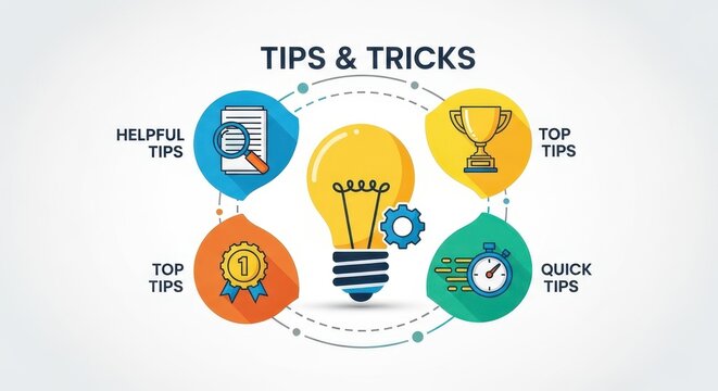 A vibrant infographic showcasing helpful tips and tricks with a light bulb advice and guidance tips 