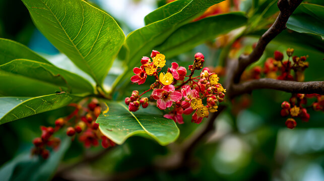 A sandalwood tree with red and yellow flowers