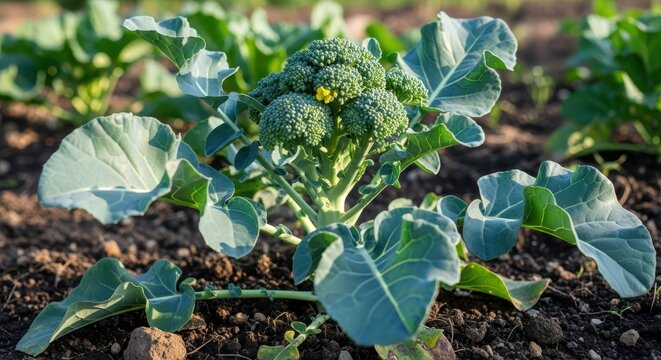 Fresh green broccoli plant growing in a garden with large leaves and soil broccoli plant green veget