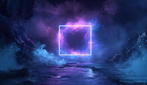 3D render, abstract blue background with a glowing neon square frame and podium for product.