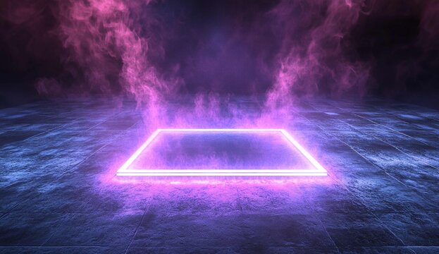 3D render, abstract blue background with a glowing neon square frame and podium for product.