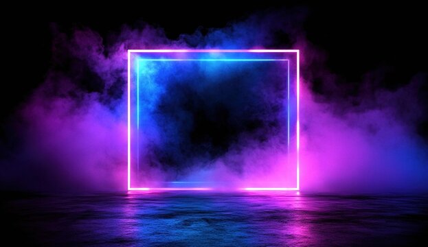 3D render, abstract blue background with a glowing neon square frame and podium for product.