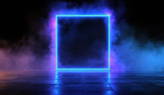 3D render, abstract blue background with a glowing neon square frame and podium for product.
