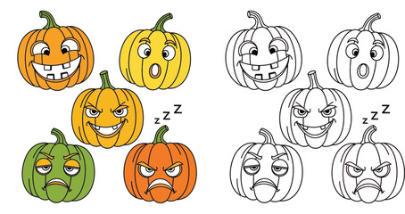 Fototapeta premium Halloween Pumpkin Cartoon Characters and Coloring Page Set with Different Facial Expressions like Happy Angry Surprised and Sleepy Vector Illustration for Kids Activity and Stickers