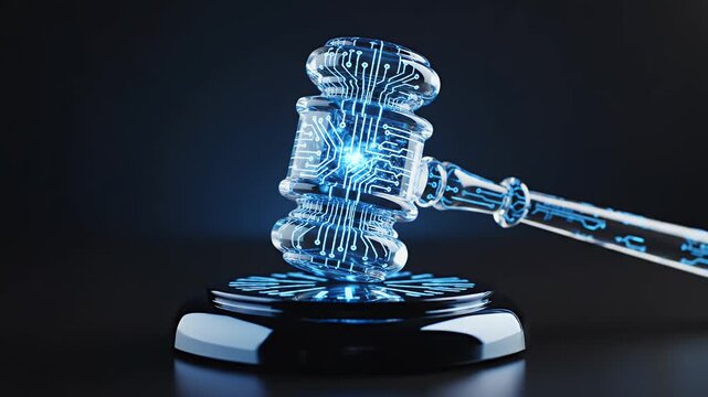 Digital gavel representing justice and technology in a modern courtroom