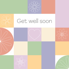 Obraz premium Get well soon - Schriftzug in englischer Sprache - Gute Besserung. Quadratische Genesungskarte in Pastellfarben mit einem Herz und Blüten.