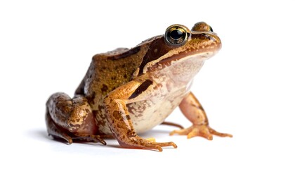 Naklejka premium Close-up of a brown frog with detailed skin texture and bright eyes.