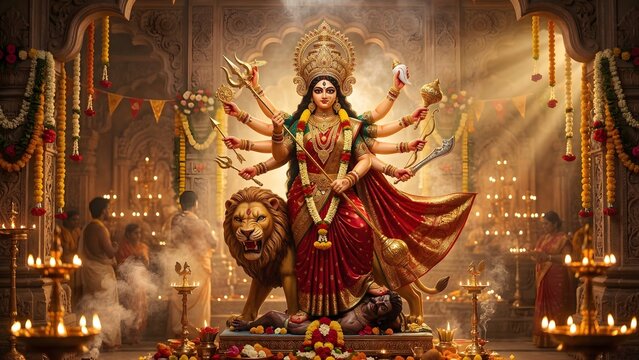 Majestic Goddess Durga Idol statue standing on a lion defeating a demon at a beautifully decorated temple during Durga Puja festival