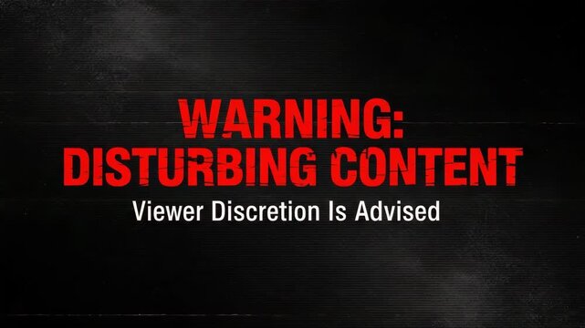 Grunge textured red warning text for disturbing content on dark weathered background