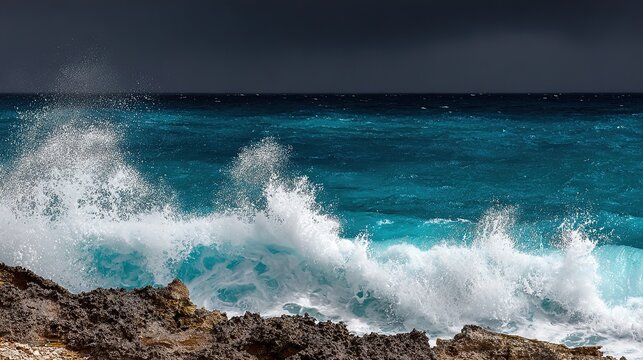 Waves Crashing on Rocky Coast Commercial Asset, White Foam Spraying Stormy Sky, Dark Coastline Nature Power Background Wallpaper