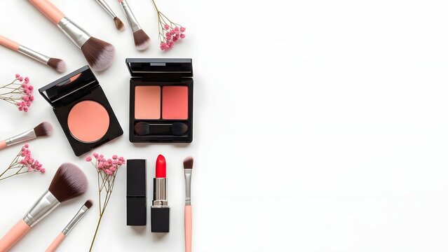 Professional Makeup Cosmetics Set With Brushes Lipstick And Blush Palette Arranged On Clean Background Beauty Product Concept