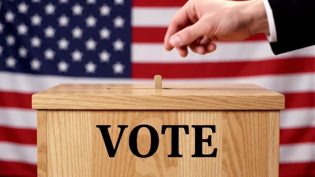 Man casting a vote in a ballot box with American flag background