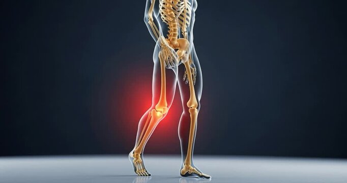 Human body anatomy skeleton with painful knee highlighted