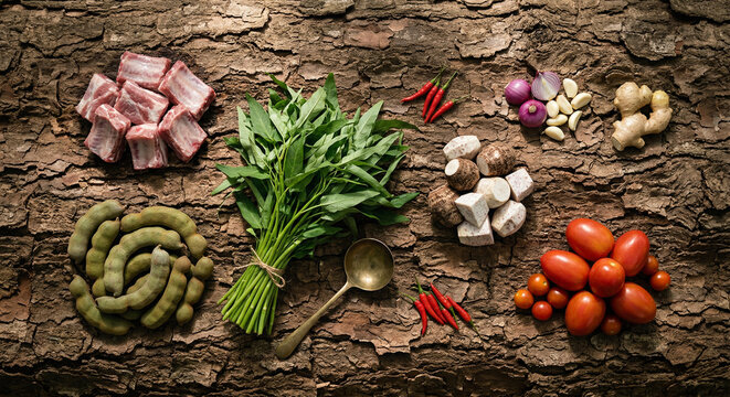 Top down view of raw Sinigang ingredients on flaky tamarind tree bark