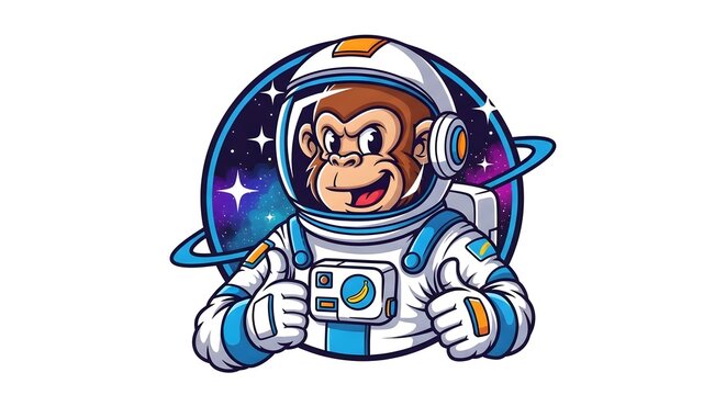 Cartoon astronaut monkey giving thumbs up in outer space with stars and planets