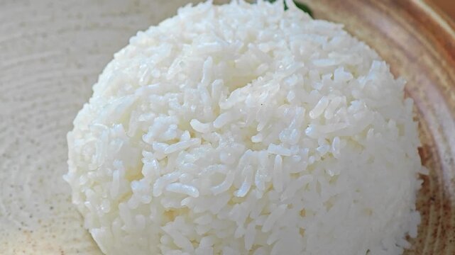 Cooked white rice on plate.