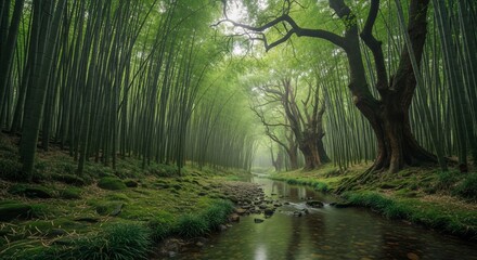 Fototapeta premium Bamboo forest stream landscape