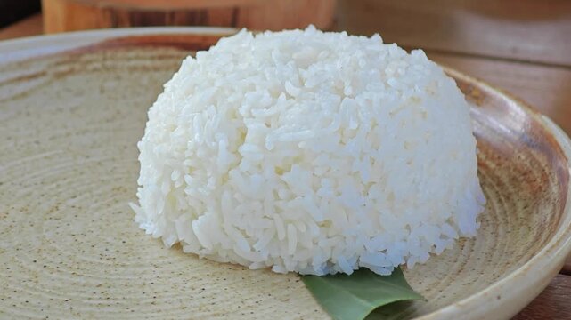 Cooked white rice on plate.