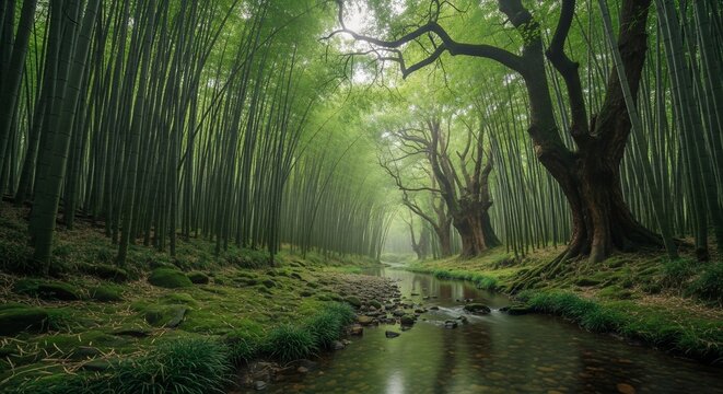 Bamboo forest stream landscape