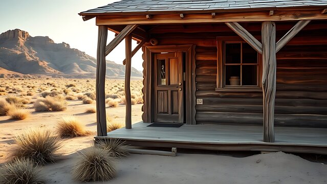 tumbleweed. Abandoned desert cabin porch with a slightly ajar door and a tumbleweed at golden hour. travel magazines, destination branding, designed for travel destination branding.
