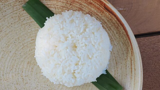 Cooked white rice on plate.