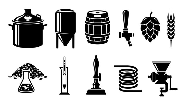 Beer Brewing Process Silhouette Icon Set &ndash; Brewery Equipment, Hops, Barley and Craft Beer Production