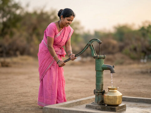 indian village woman collecting water from manual pump in clean setting for social awareness and rural development concept
