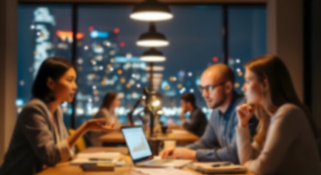Modern office background business professionals collaborating late at night with city view