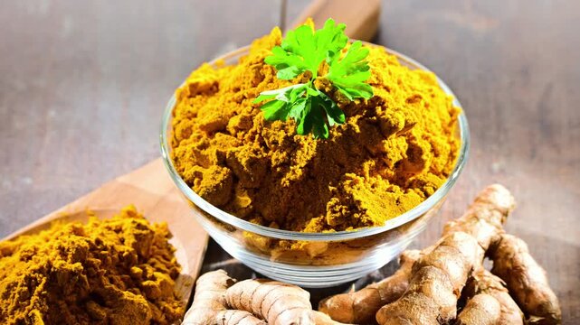 A bowl of turmeric powder on wooden table.