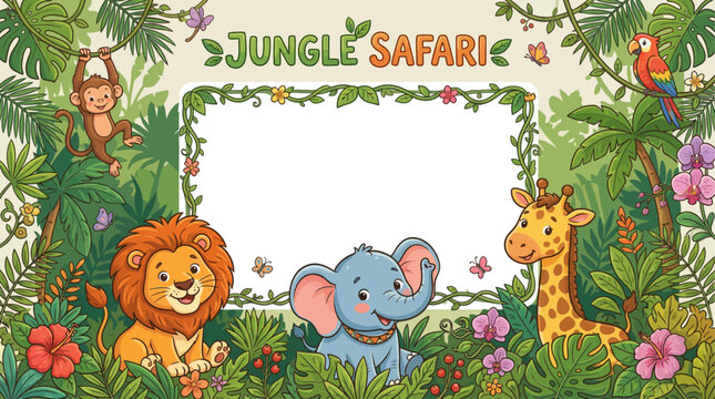 A vibrant jungle safari frame featuring a lion, elephant, and giraffe in a lush environment with various plants and animals.