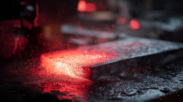 enthalpy. Red-hot steel being quenched in water, creating dramatic clouds of steam. safety posters, maintenance manuals, designed for industrial assembly lines and welding operations.