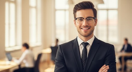 Fototapeta premium Smiling Young Businessman with Glasses Posing in Modern Office